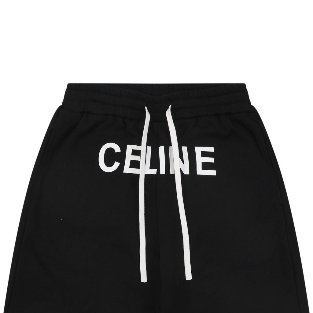 Celine Oversized Wordmark Logo Print Drawstring Shorts — Black