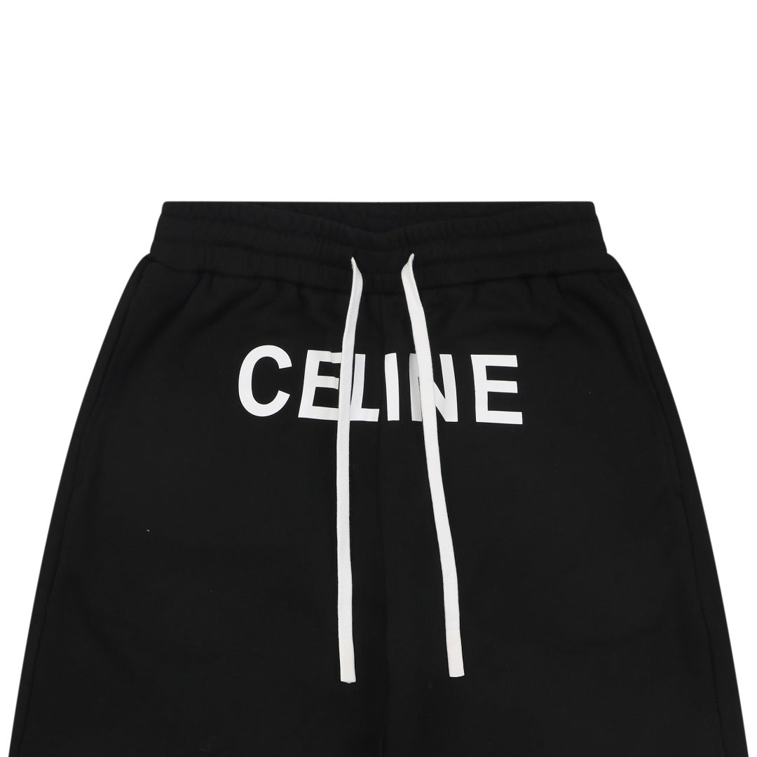 Celine Oversized Wordmark Logo Print Drawstring Shorts — Black