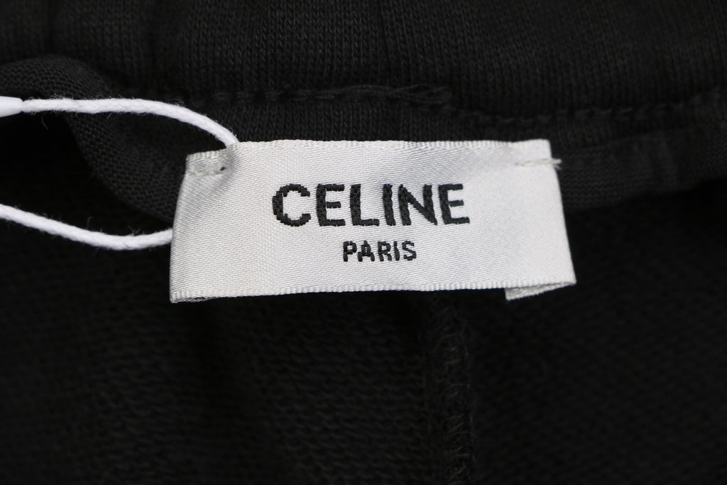 Celine Oversized Wordmark Logo Print Drawstring Shorts — Black