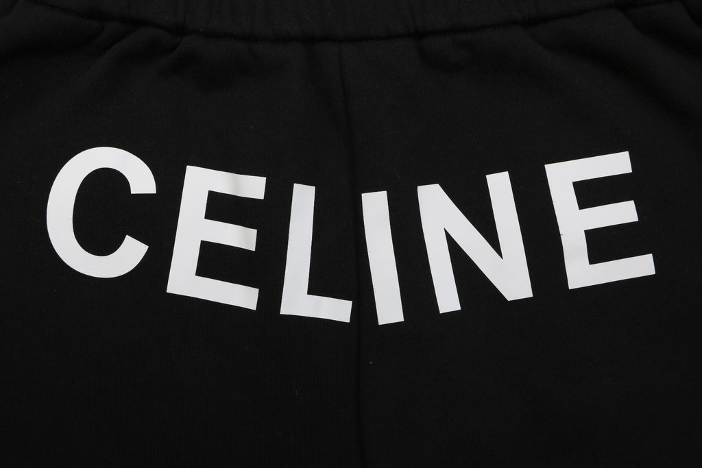 Celine Oversized Wordmark Logo Print Drawstring Shorts — Black