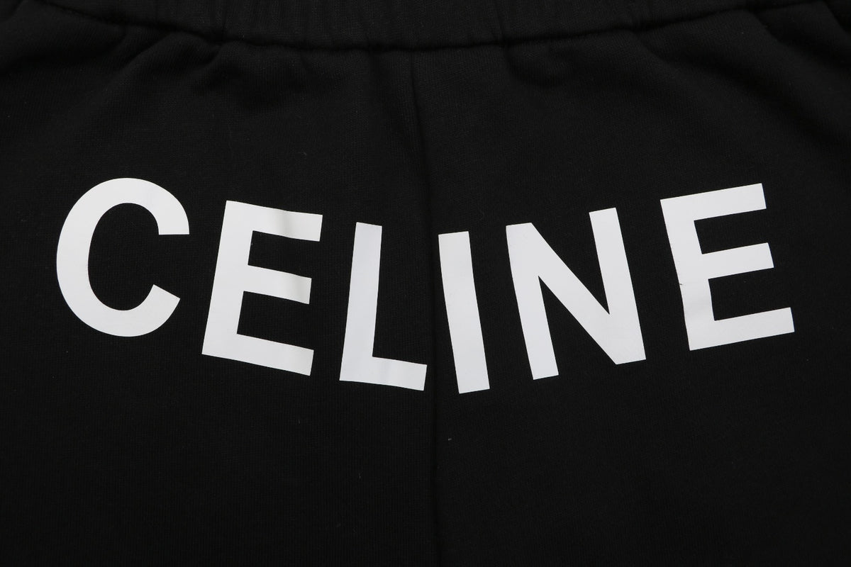 Celine Oversized Wordmark Logo Print Drawstring Shorts — Black