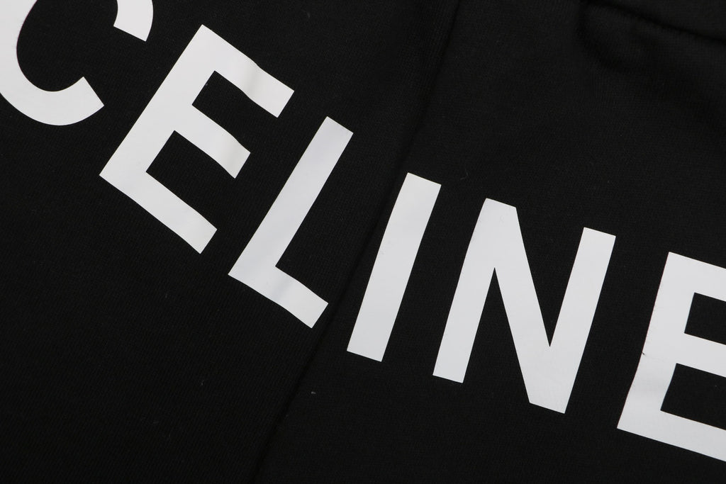 Celine Oversized Wordmark Logo Print Drawstring Shorts — Black