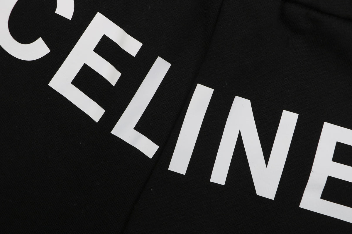 Celine Oversized Wordmark Logo Print Drawstring Shorts — Black