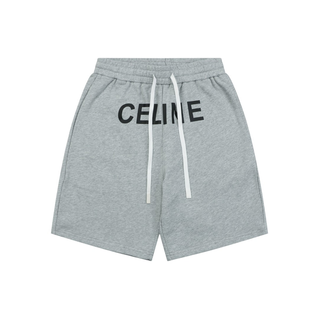 Celine Oversized Wordmark Logo Print Drawstring Shorts — Grey
