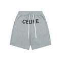 Celine Oversized Wordmark Logo Print Drawstring Shorts — Grey