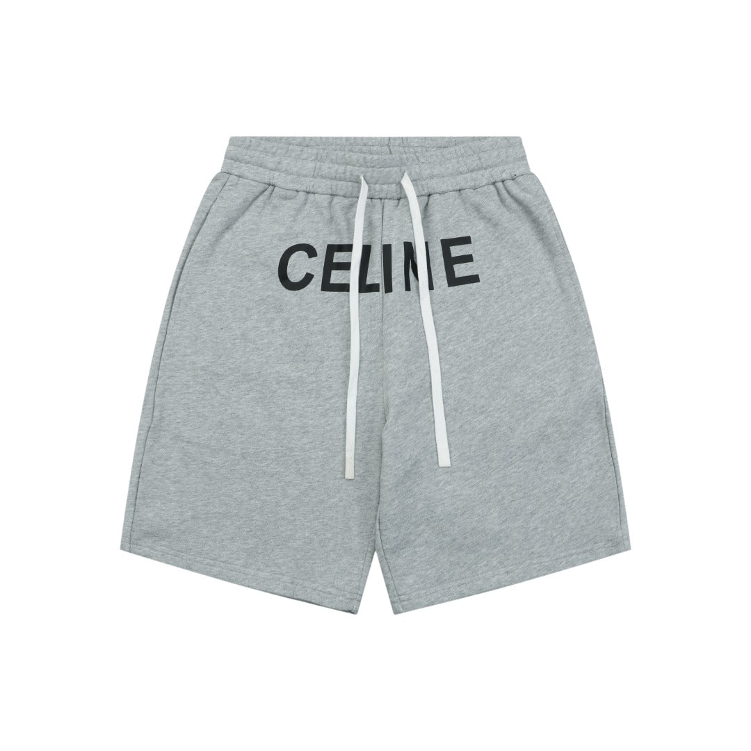 Celine Oversized Wordmark Logo Print Drawstring Shorts — Grey