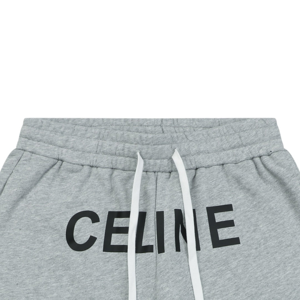 Celine Oversized Wordmark Logo Print Drawstring Shorts — Grey