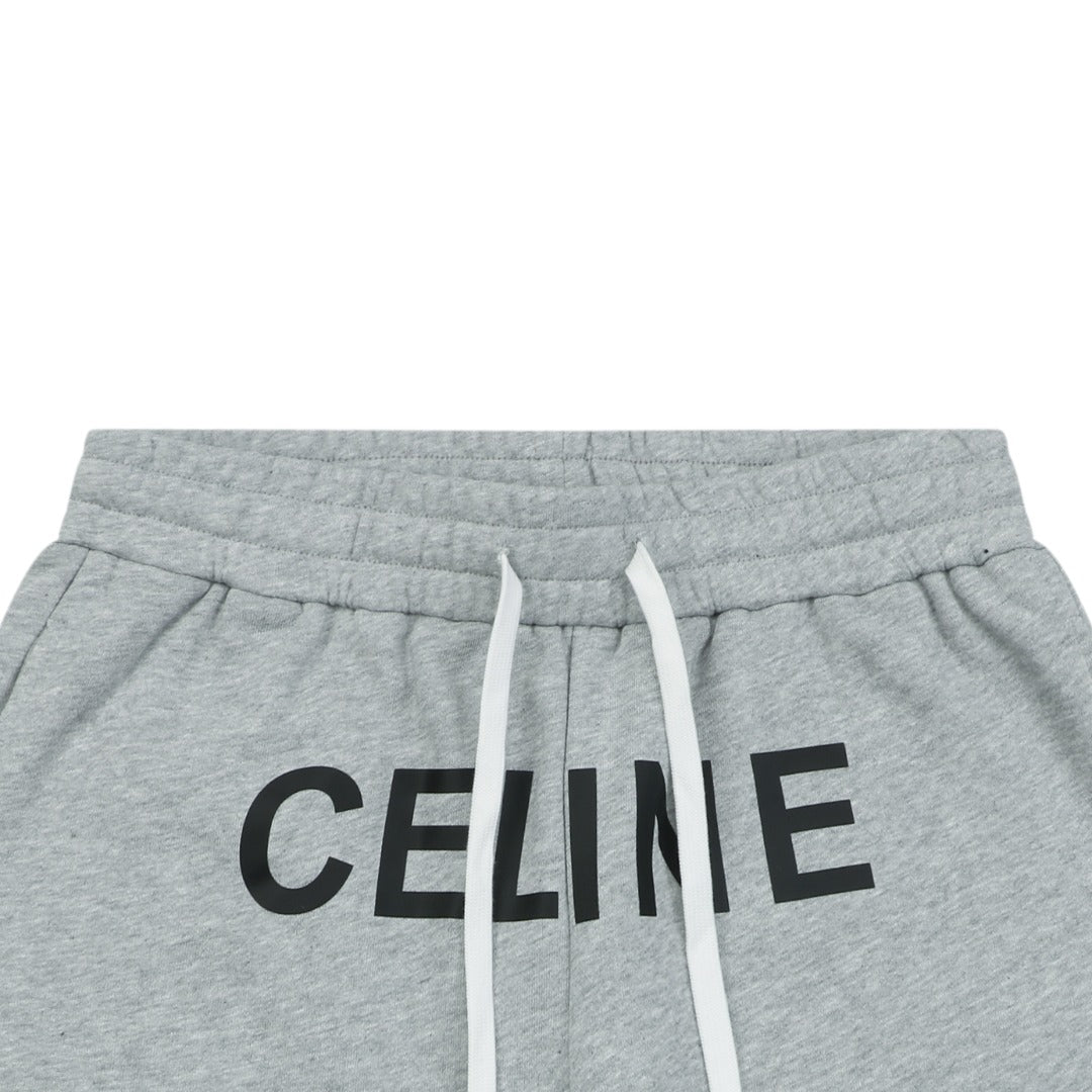 Celine Oversized Wordmark Logo Print Drawstring Shorts — Grey