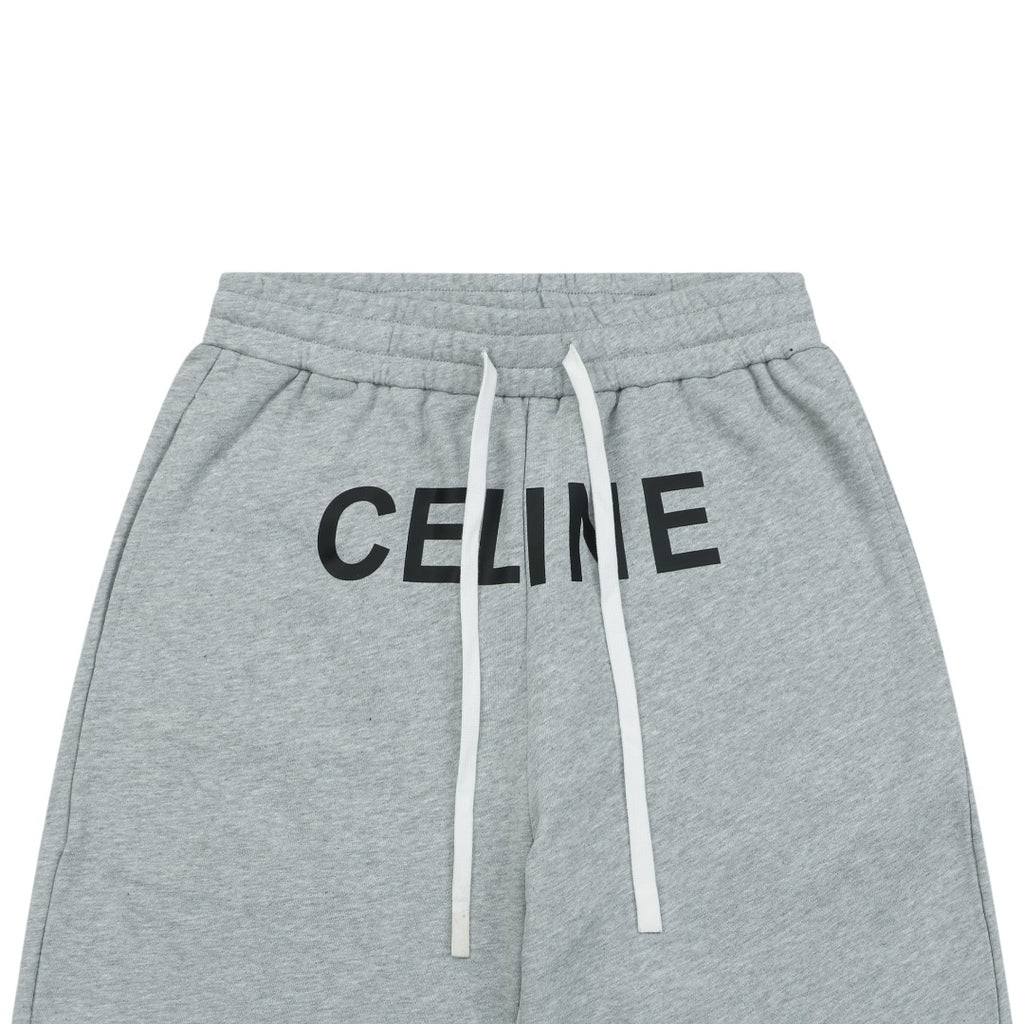 Celine Oversized Wordmark Logo Print Drawstring Shorts — Grey