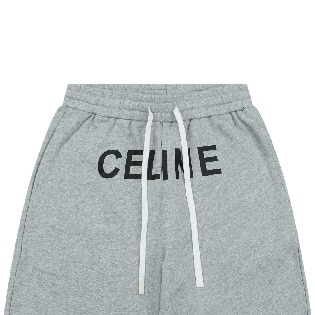Celine Oversized Wordmark Logo Print Drawstring Shorts — Grey