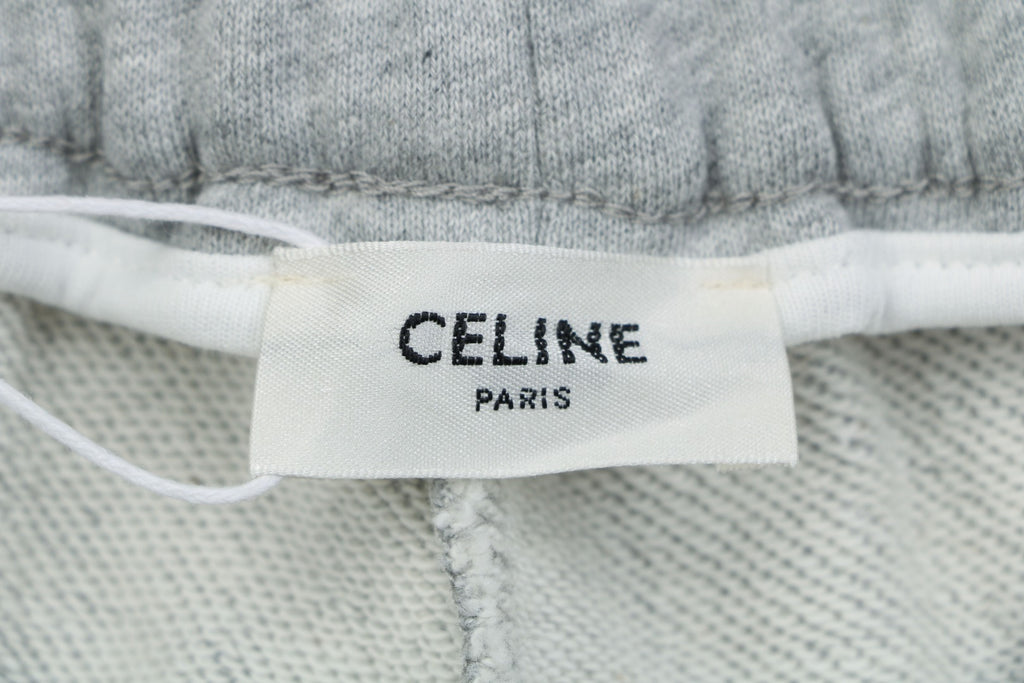 Celine Oversized Wordmark Logo Print Drawstring Shorts — Grey
