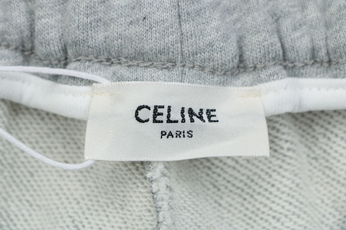 Celine Oversized Wordmark Logo Print Drawstring Shorts — Grey