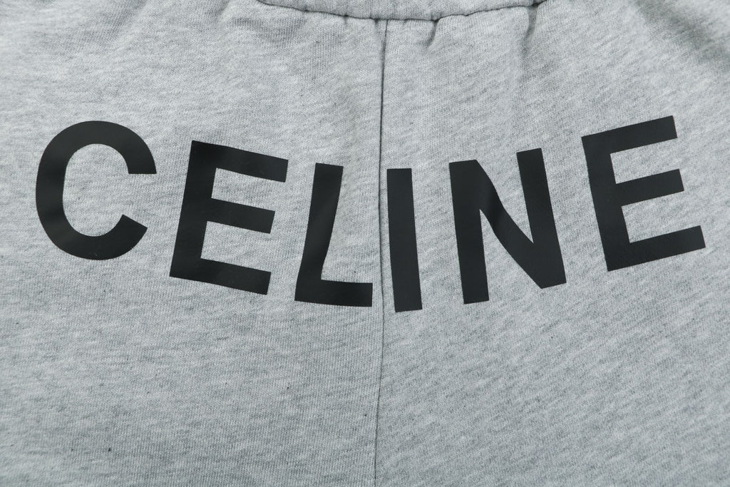 Celine Oversized Wordmark Logo Print Drawstring Shorts — Grey
