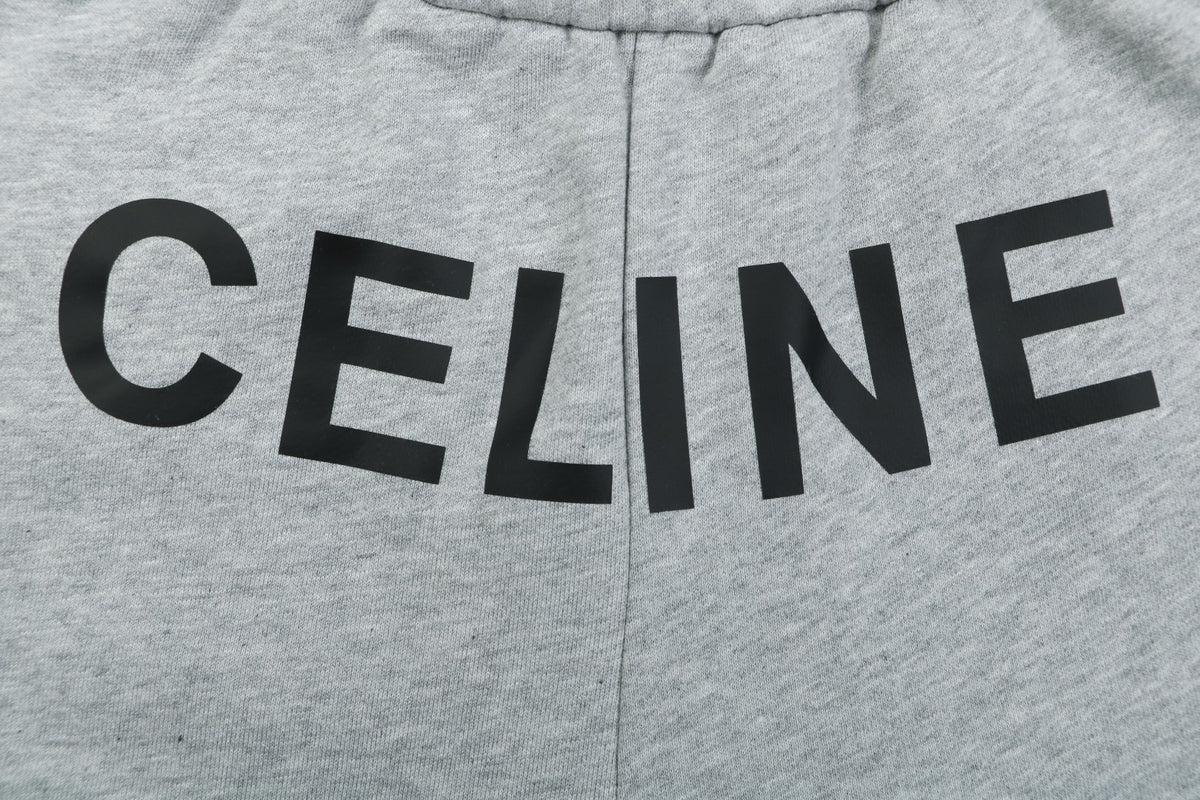 Celine Oversized Wordmark Logo Print Drawstring Shorts — Grey