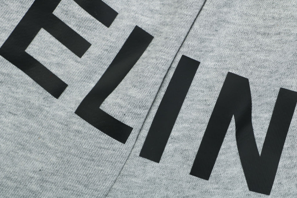 Celine Oversized Wordmark Logo Print Drawstring Shorts — Grey