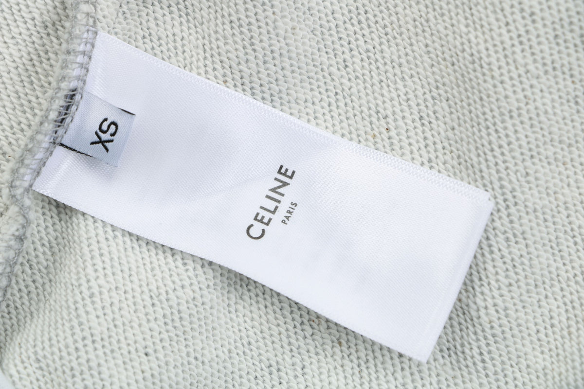 Celine Oversized Wordmark Logo Print Drawstring Shorts — Grey