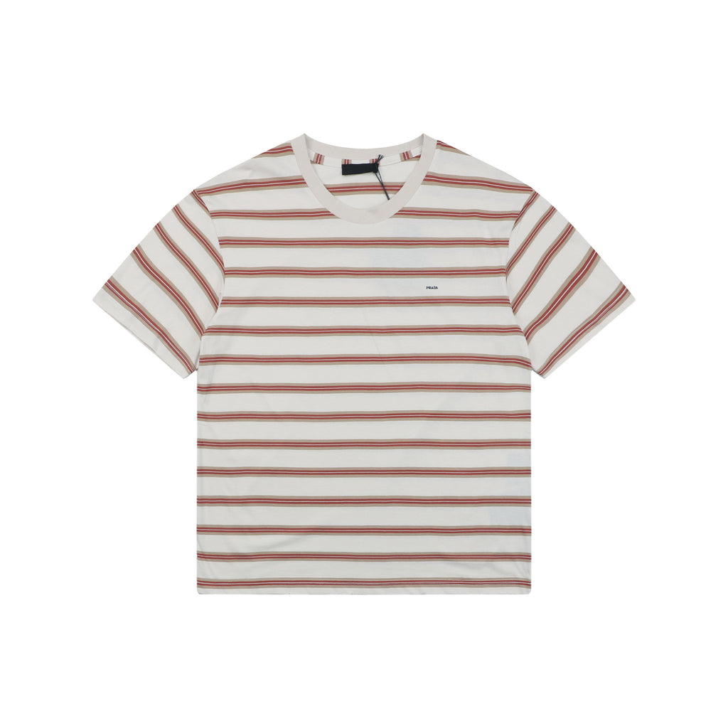 Prada Cream Base Brown Red Stripe Short Sleeve Tee