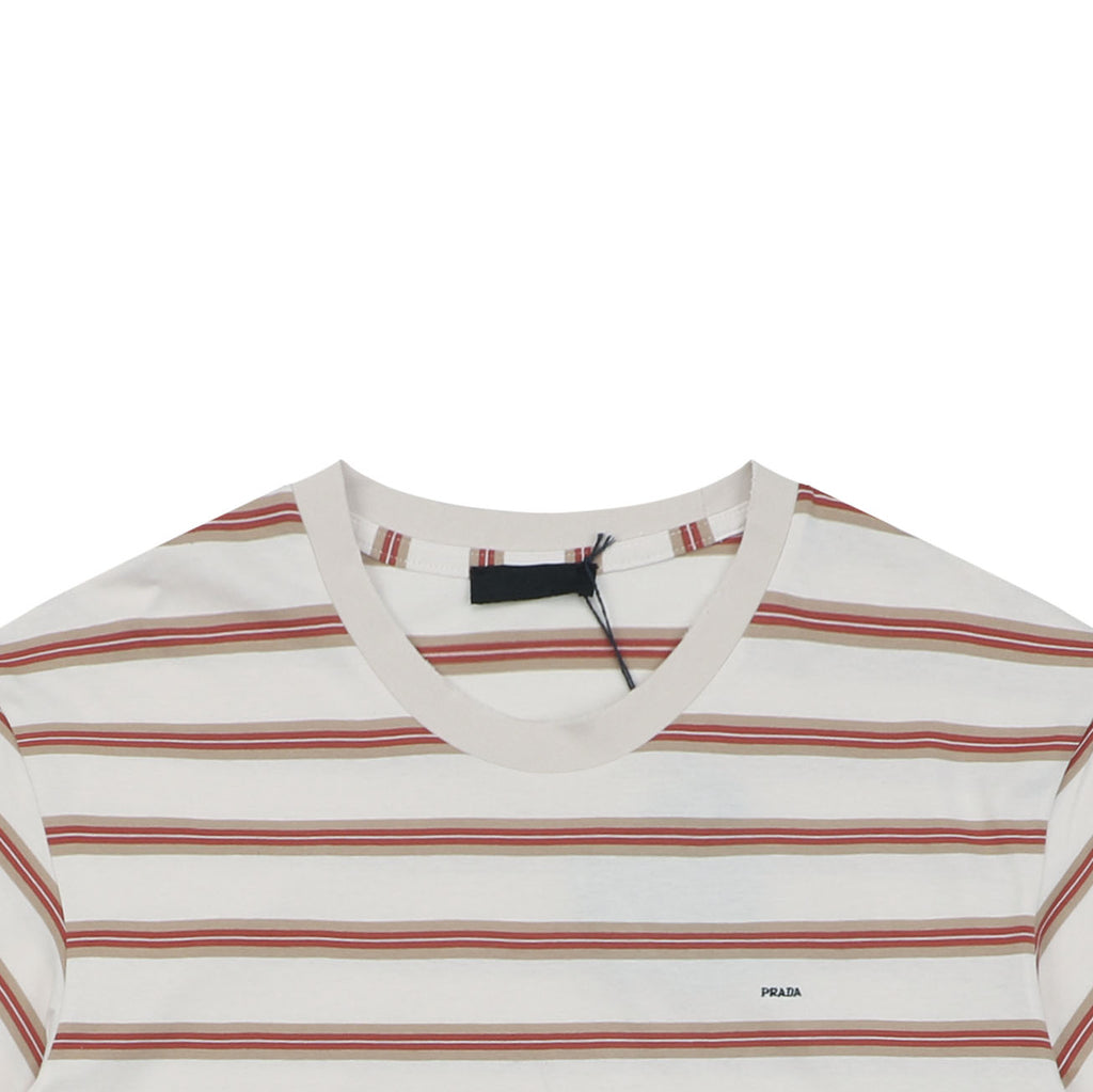 Prada Cream Base Brown Red Stripe Short Sleeve Tee