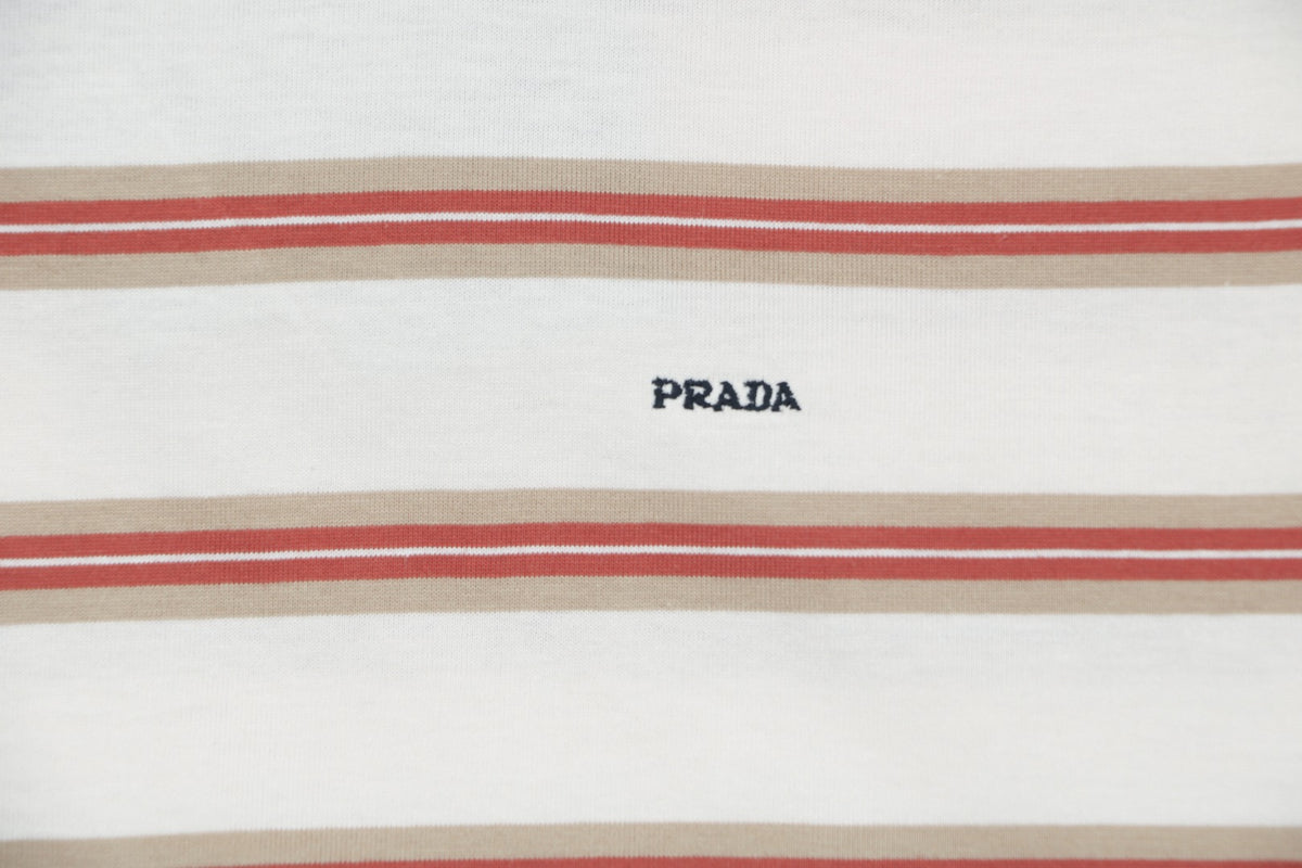 Prada Cream Base Brown Red Stripe Short Sleeve Tee