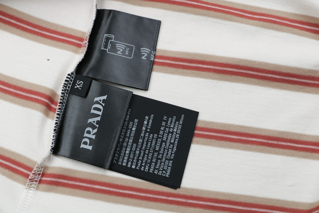 Prada Cream Base Brown Red Stripe Short Sleeve Tee