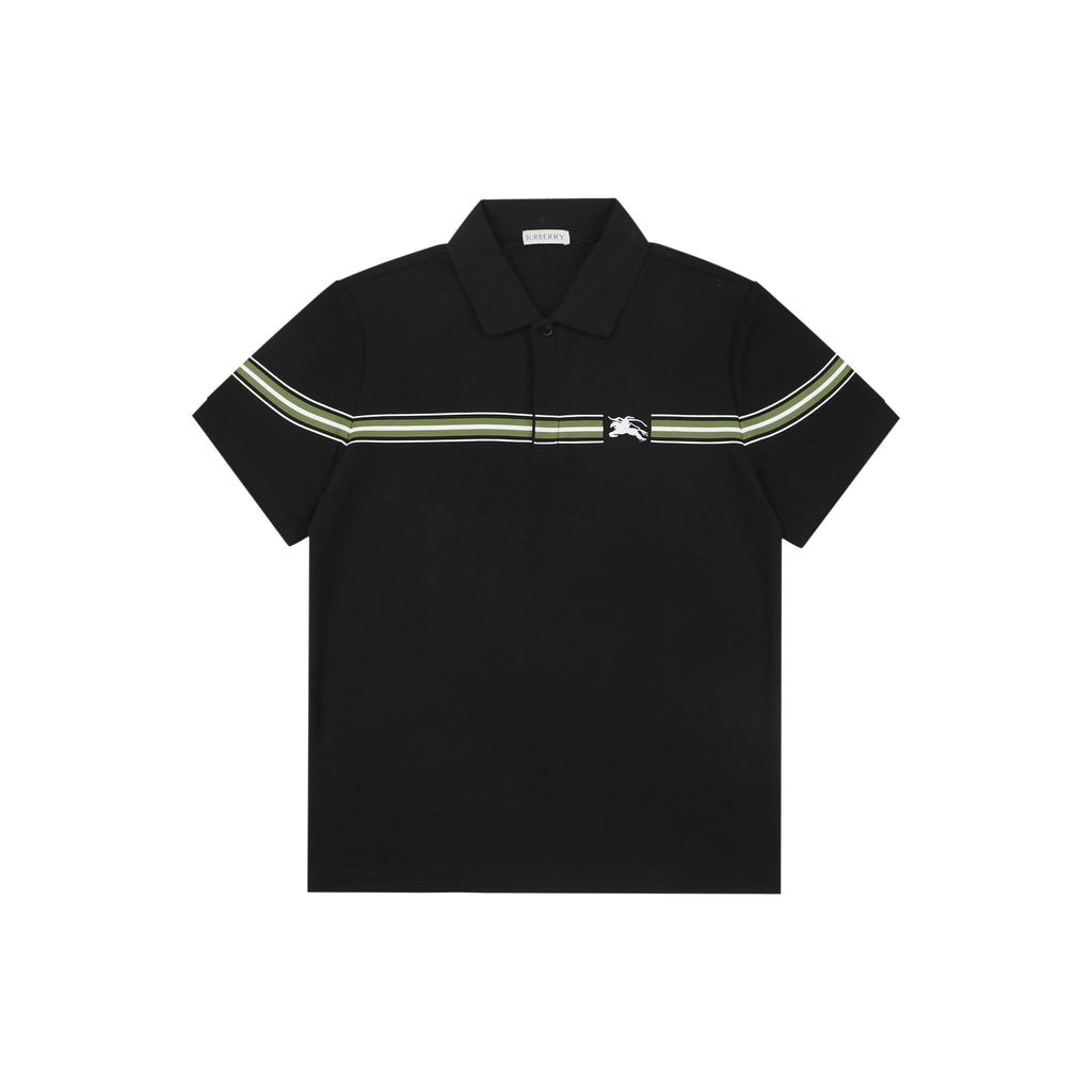Burberry Equestrian Knight Stripe Embroidered Polo Short Sleeve Shirt Black