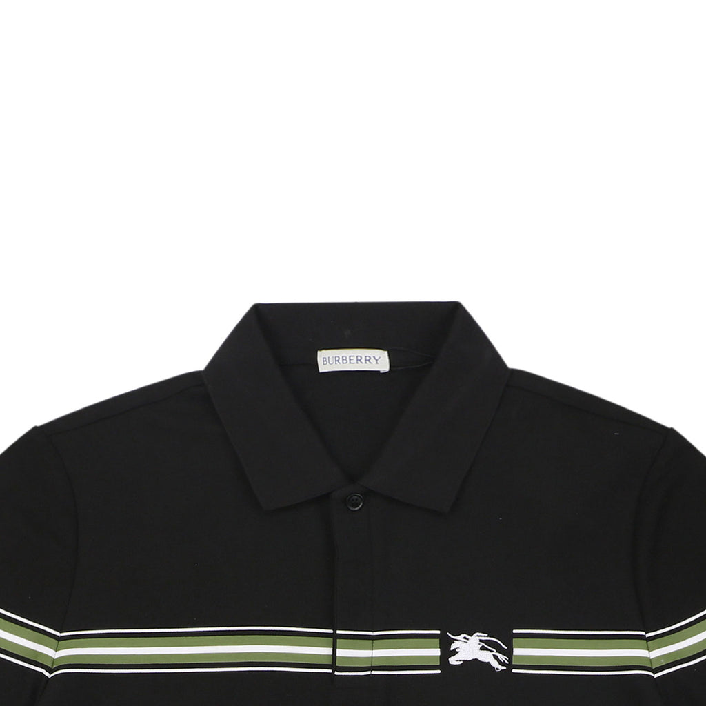 Burberry Equestrian Knight Stripe Embroidered Polo Short Sleeve Shirt Black