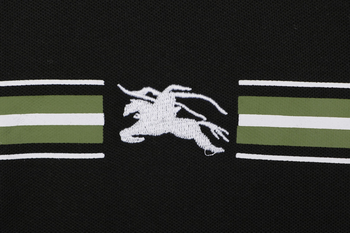 Burberry Equestrian Knight Stripe Embroidered Polo Short Sleeve Shirt Black