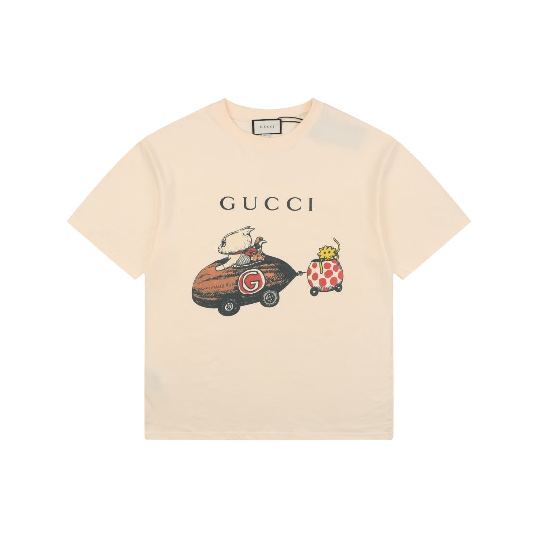 Gucci Meow Fun Time Cat Car Cartoon Graphic Short Sleeve Tee Cream