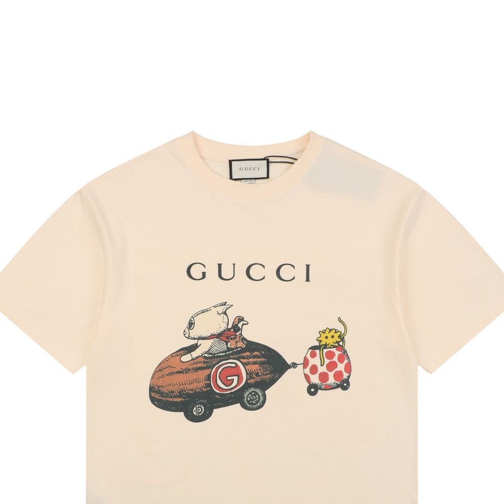 Gucci Meow Fun Time Cat Car Cartoon Graphic Short Sleeve Tee Cream