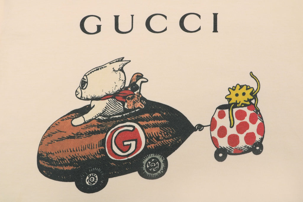 Gucci Meow Fun Time Cat Car Cartoon Graphic Short Sleeve Tee Cream