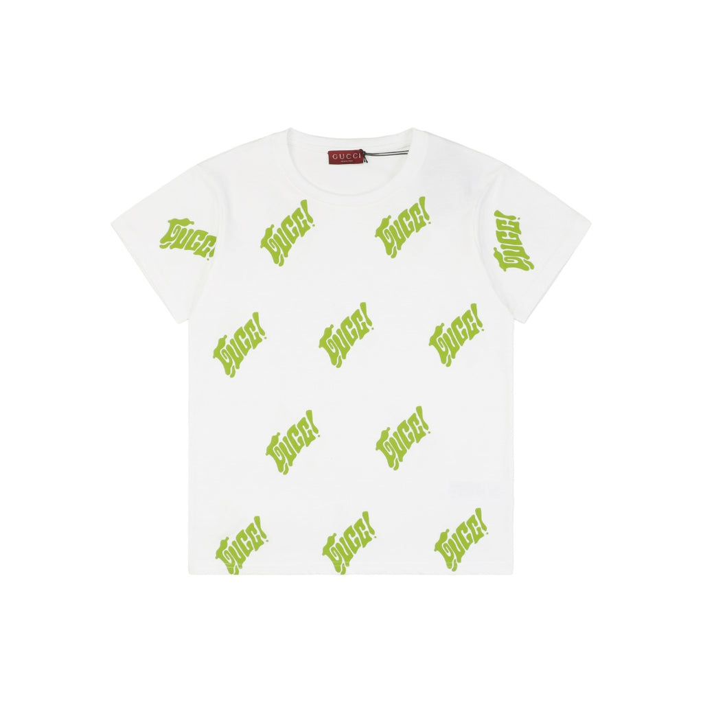 Gucci 25SS Lime Green Allover Logo Graffiti Short Sleeve Tee White