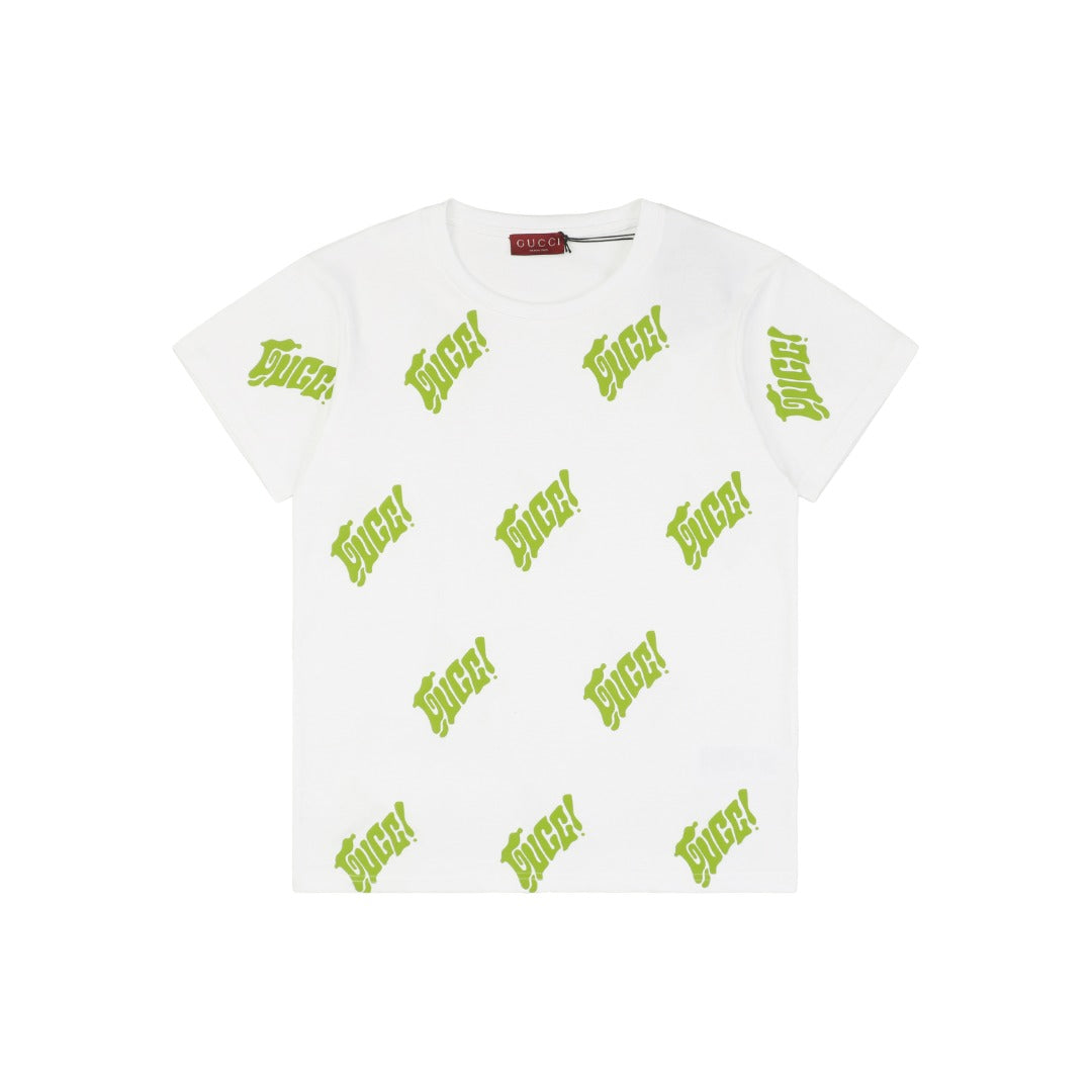 Gucci 25SS Lime Green Allover Logo Graffiti Short Sleeve Tee White