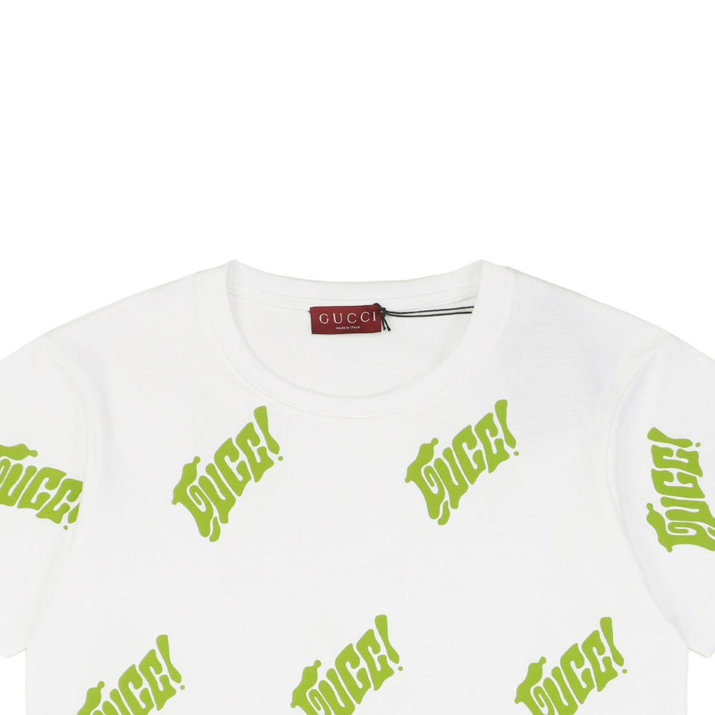 Gucci 25SS Lime Green Allover Logo Graffiti Short Sleeve Tee White