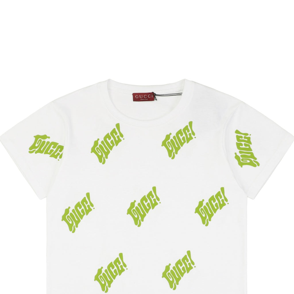Gucci 25SS Lime Green Allover Logo Graffiti Short Sleeve Tee White