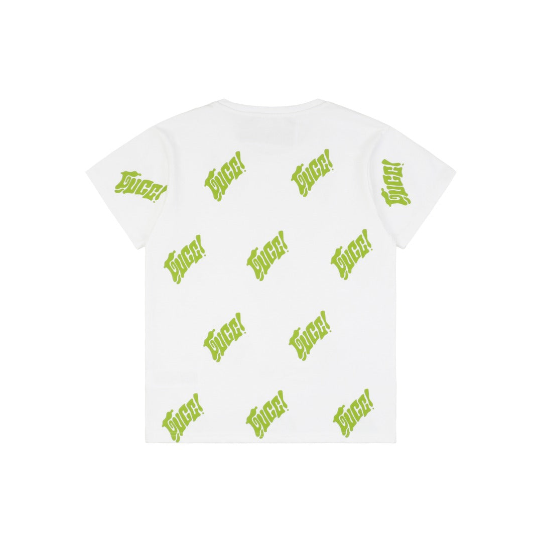 Gucci 25SS Lime Green Allover Logo Graffiti Short Sleeve Tee White
