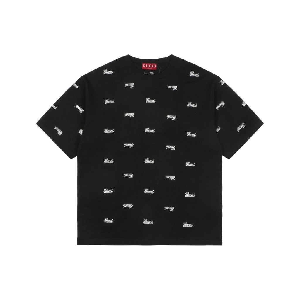 Gucci 24SS Allover Signature Script Logo Embroidered Short Sleeve Tee Black