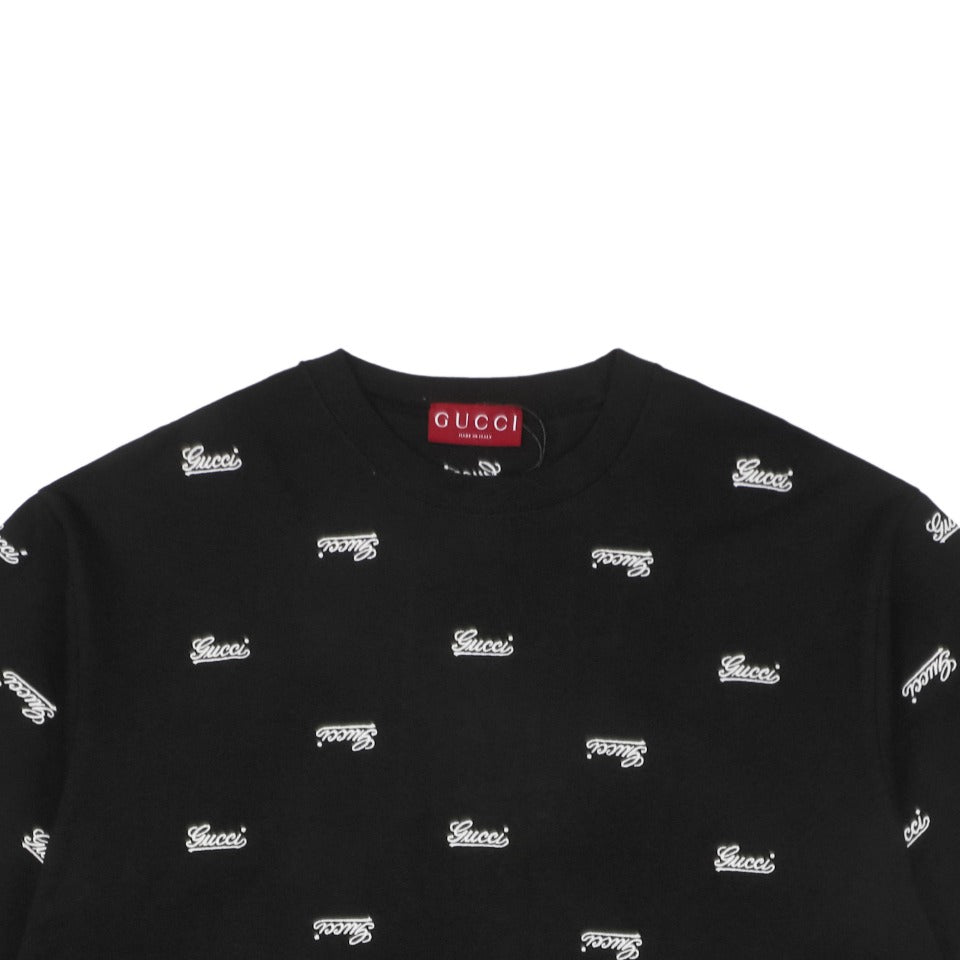 Gucci 24SS Allover Signature Script Logo Embroidered Short Sleeve Tee Black