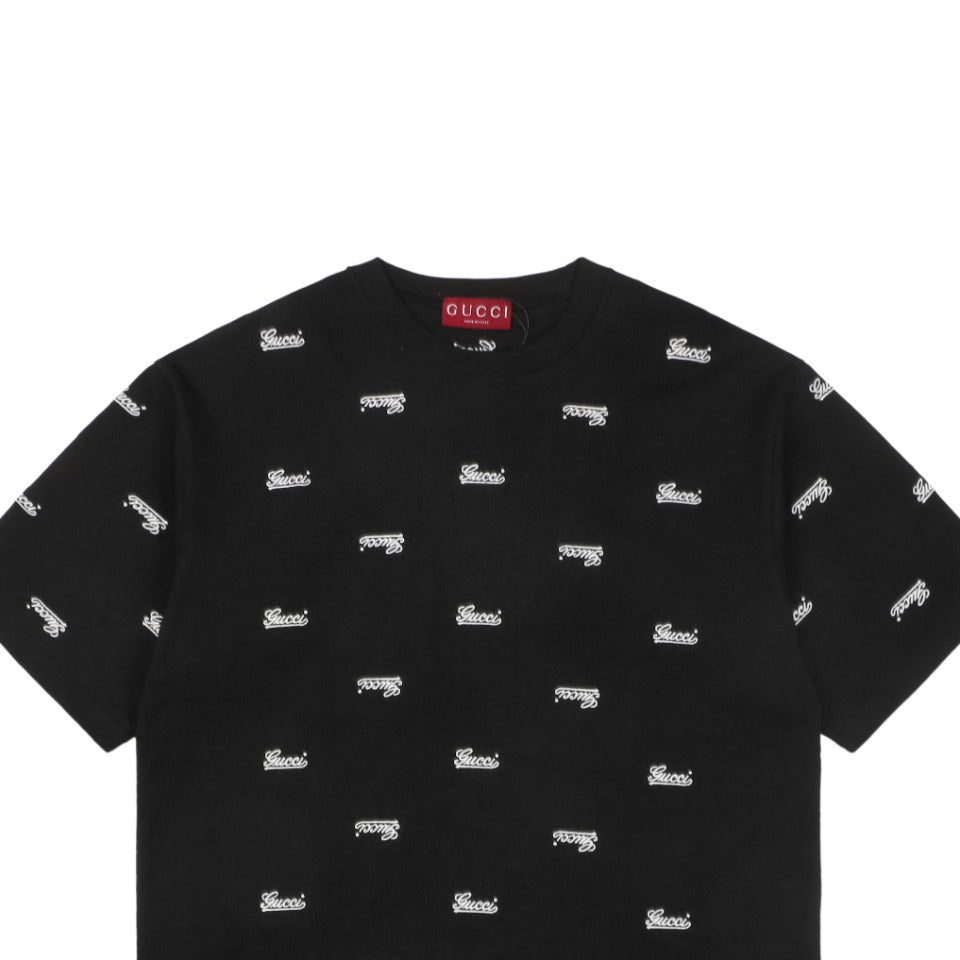 Gucci 24SS Allover Signature Script Logo Embroidered Short Sleeve Tee Black