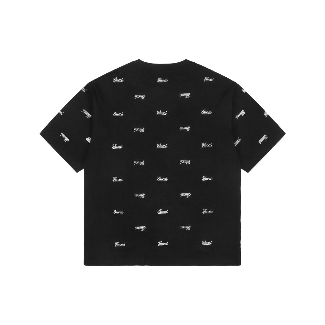 Gucci 24SS Allover Signature Script Logo Embroidered Short Sleeve Tee Black