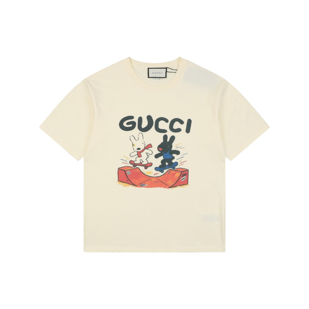 Gucci Skateboarding Black White Rabbit Cartoon Graphic Short Sleeve Tee Cream