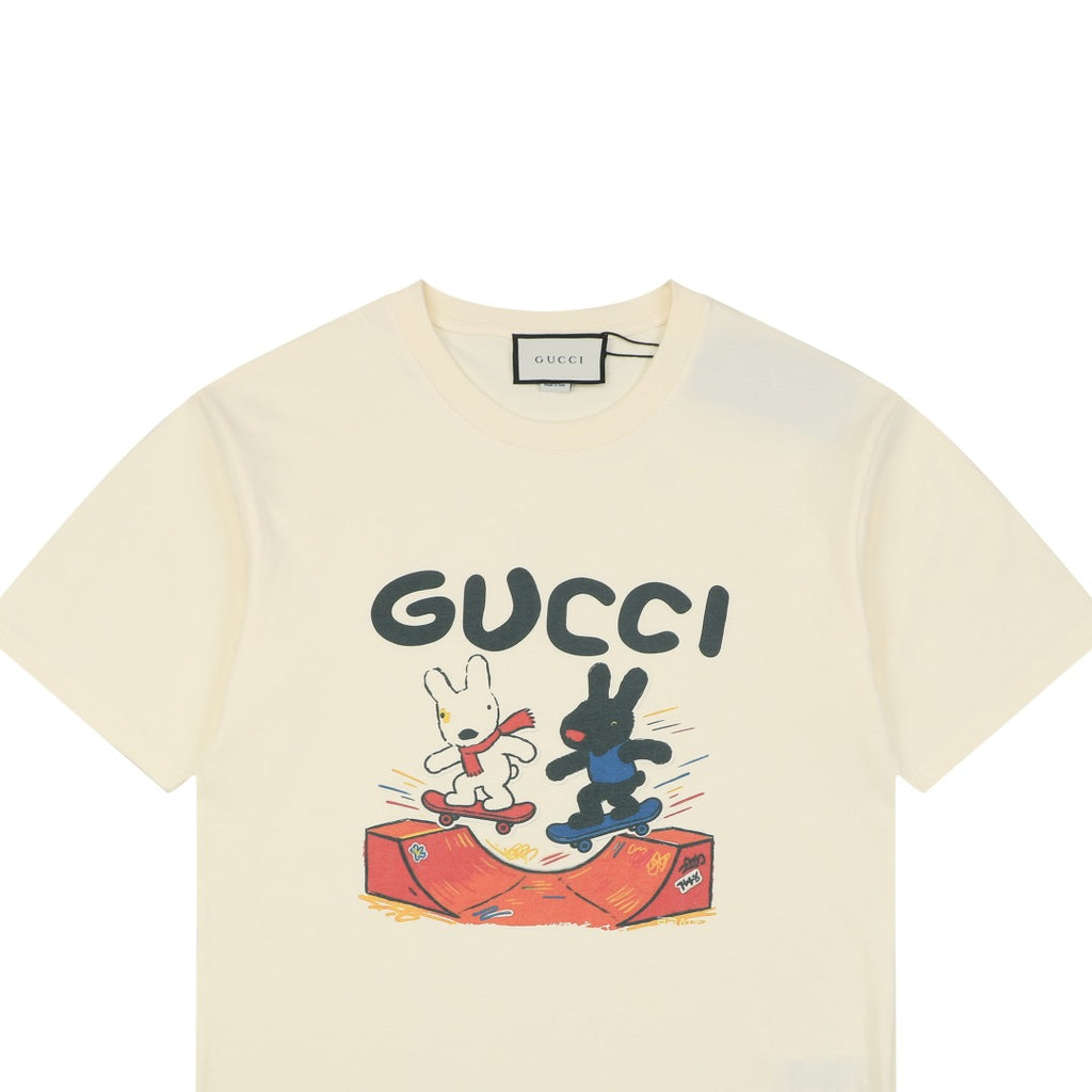Gucci Skateboarding Black White Rabbit Cartoon Graphic Short Sleeve Tee Cream