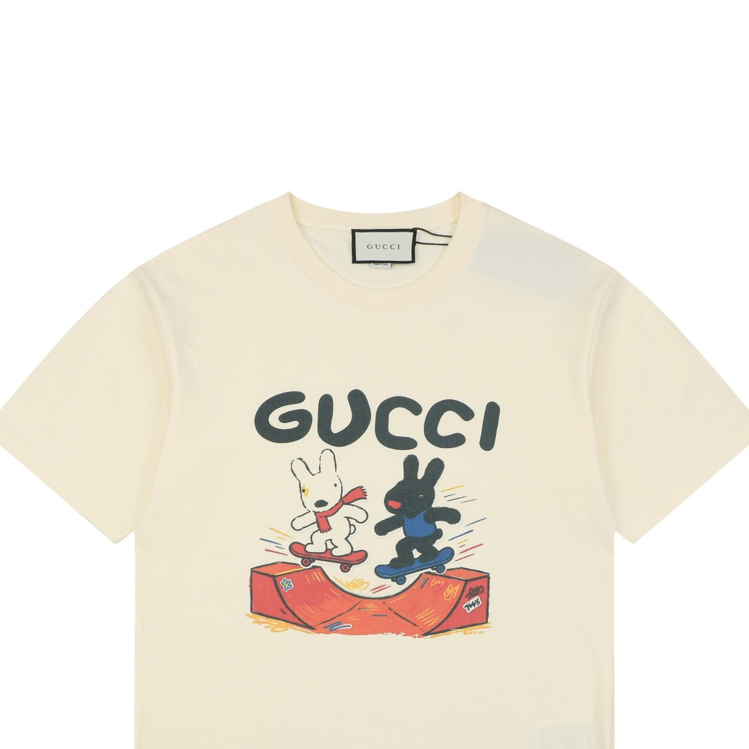 Gucci Skateboarding Black White Rabbit Cartoon Graphic Short Sleeve Tee Cream