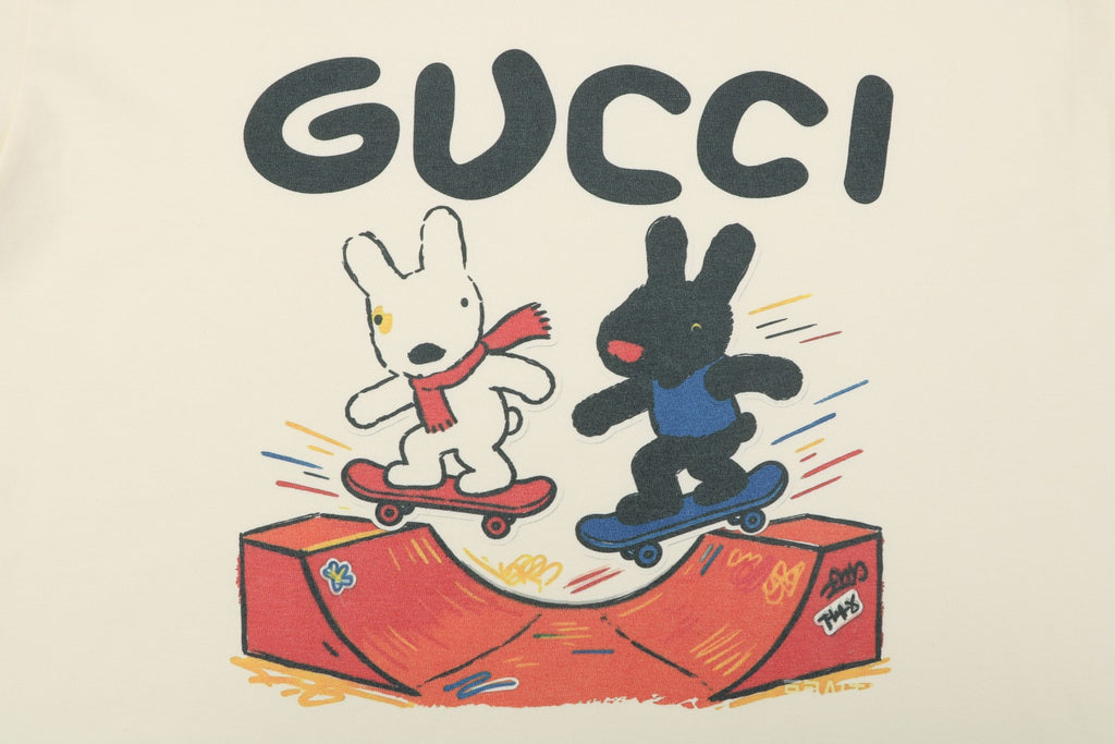 Gucci Skateboarding Black White Rabbit Cartoon Graphic Short Sleeve Tee Cream