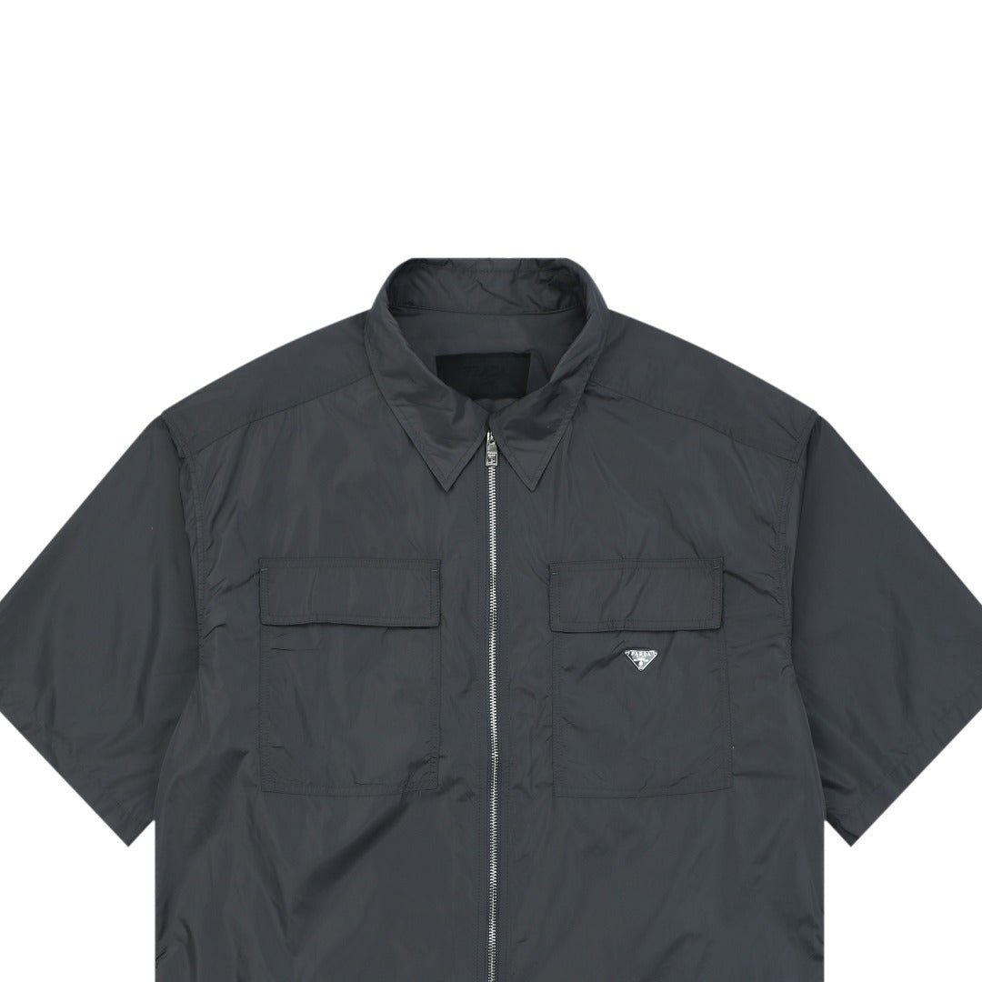 Prada Triangle Logo Dual Pocket Nylon Short Sleeve Shirt Slate Grey