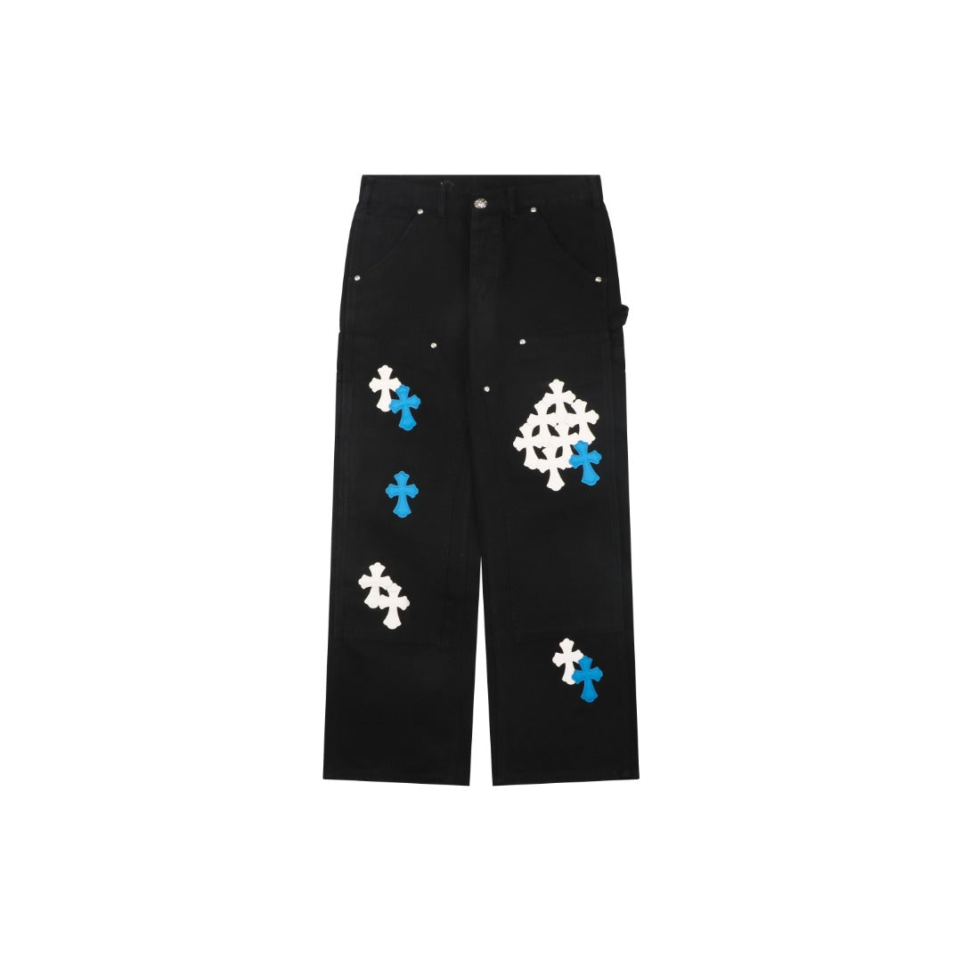 Chrome Hearts Cross Leather Patch Lumberjack Denim Jeans Black Blue White