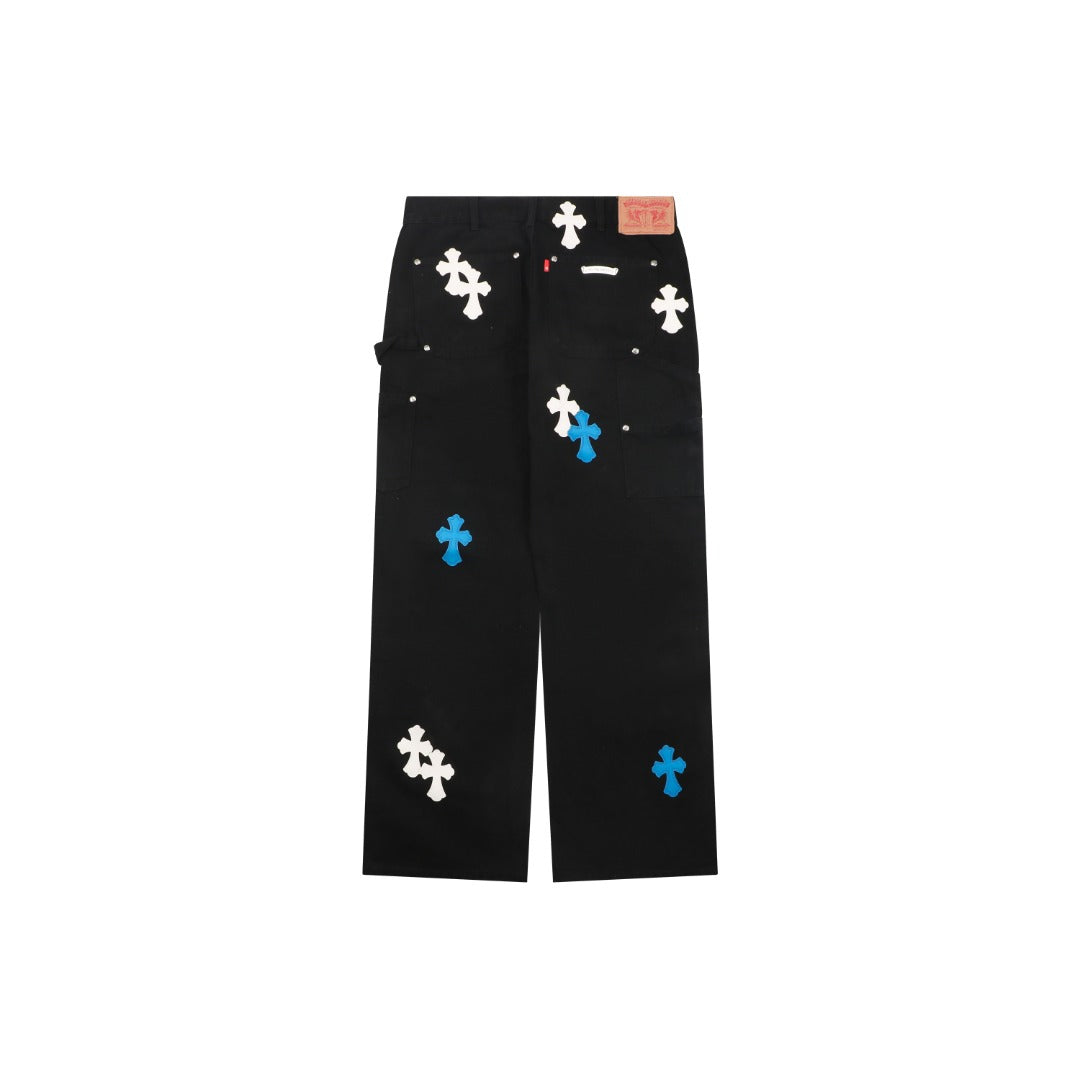 Chrome Hearts Cross Leather Patch Lumberjack Denim Jeans Black Blue White