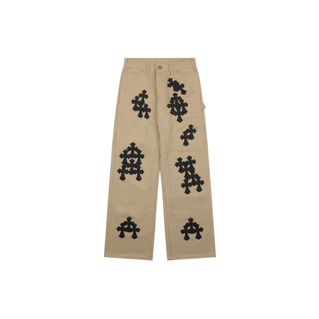 Chrome Hearts Cross Leather Patch Lumberjack Denim Jeans Khaki Black