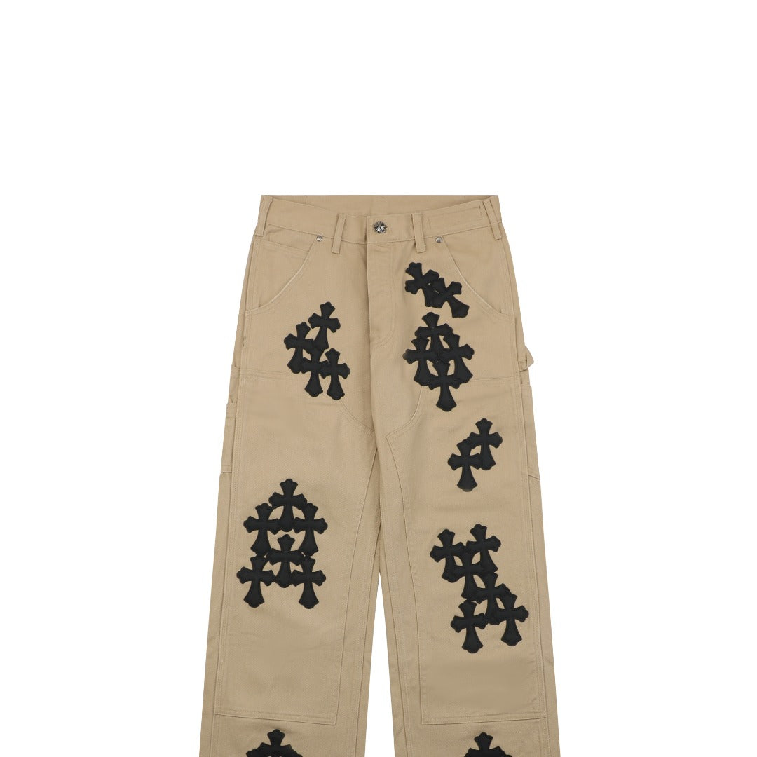 Chrome Hearts Cross Leather Patch Lumberjack Denim Jeans Khaki Black
