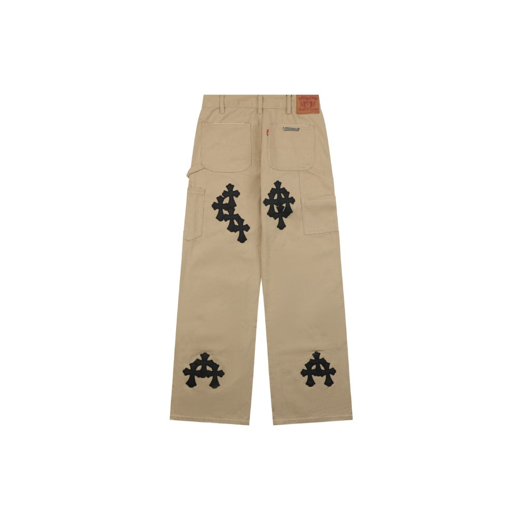 Chrome Hearts Cross Leather Patch Lumberjack Denim Jeans Khaki Black