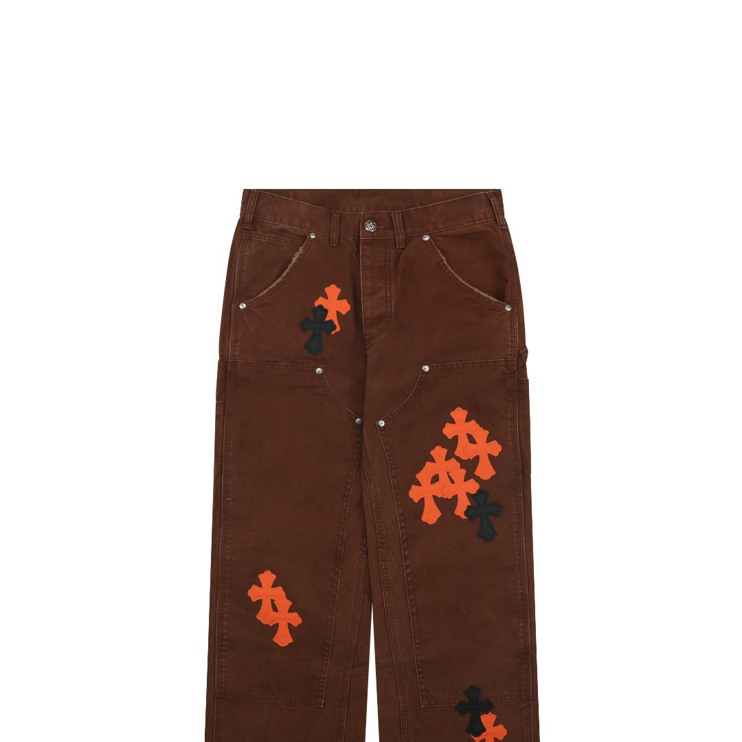 Chrome Hearts Cross Leather Patch Lumberjack Denim Jeans Brown Orange Black